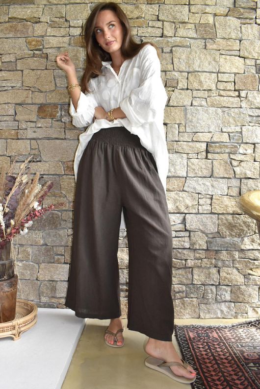 Frame Cotton Shirring Waist Wide Leg Pant Chocolate